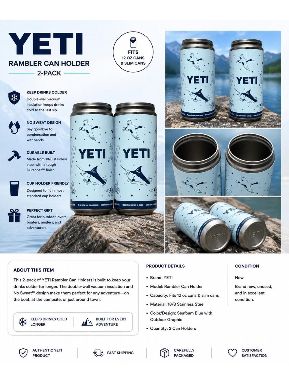 YETI Rambler Can Holder 2-Pack – Light Blue Outdoor Edition – Stainless Steel In
